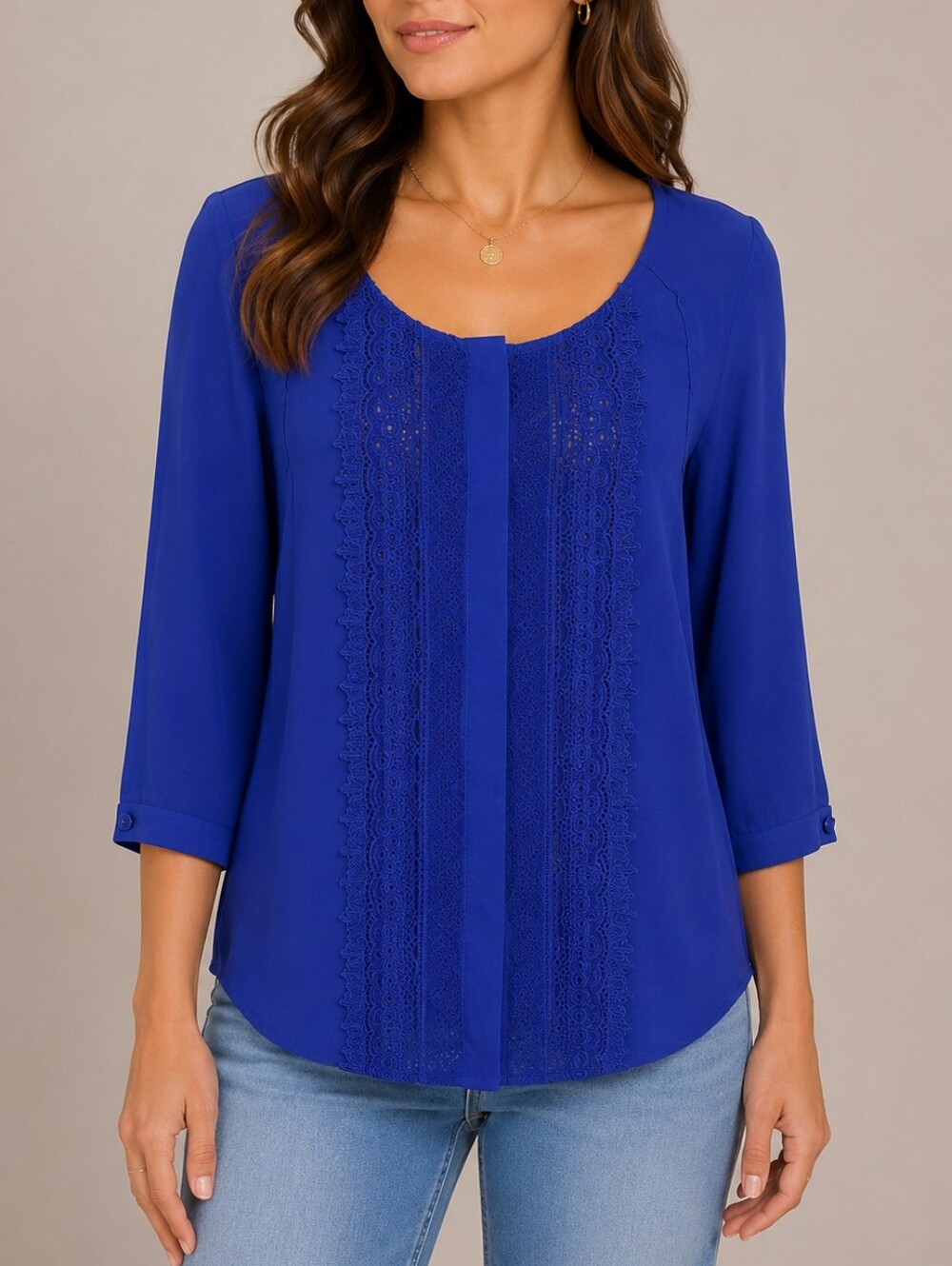 MAEVE | Women's Royal Blue Lace Mesh Button-Up Blouse Size 4